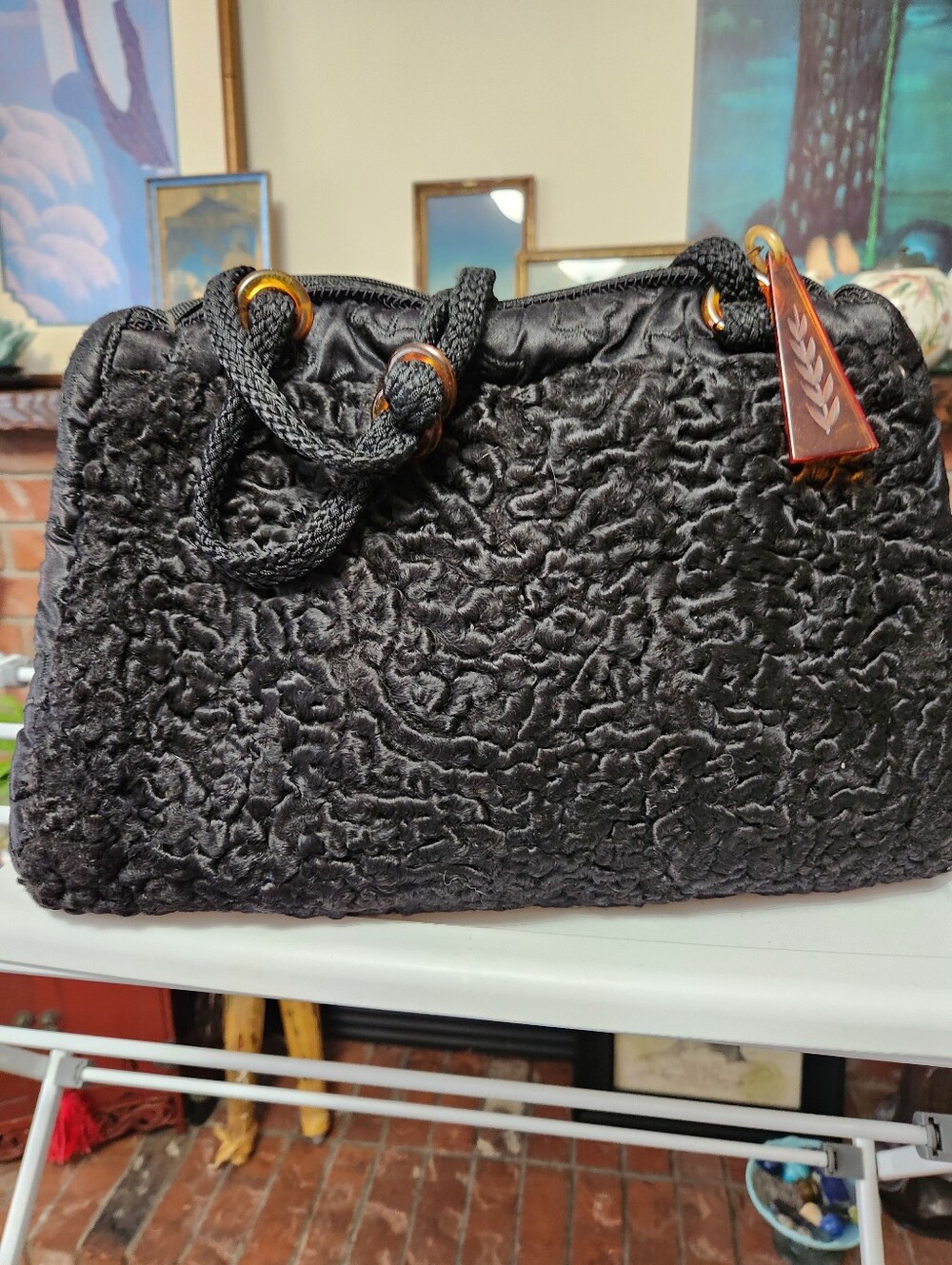 Black Curly Lamb Vintage Bag And Handwarmer